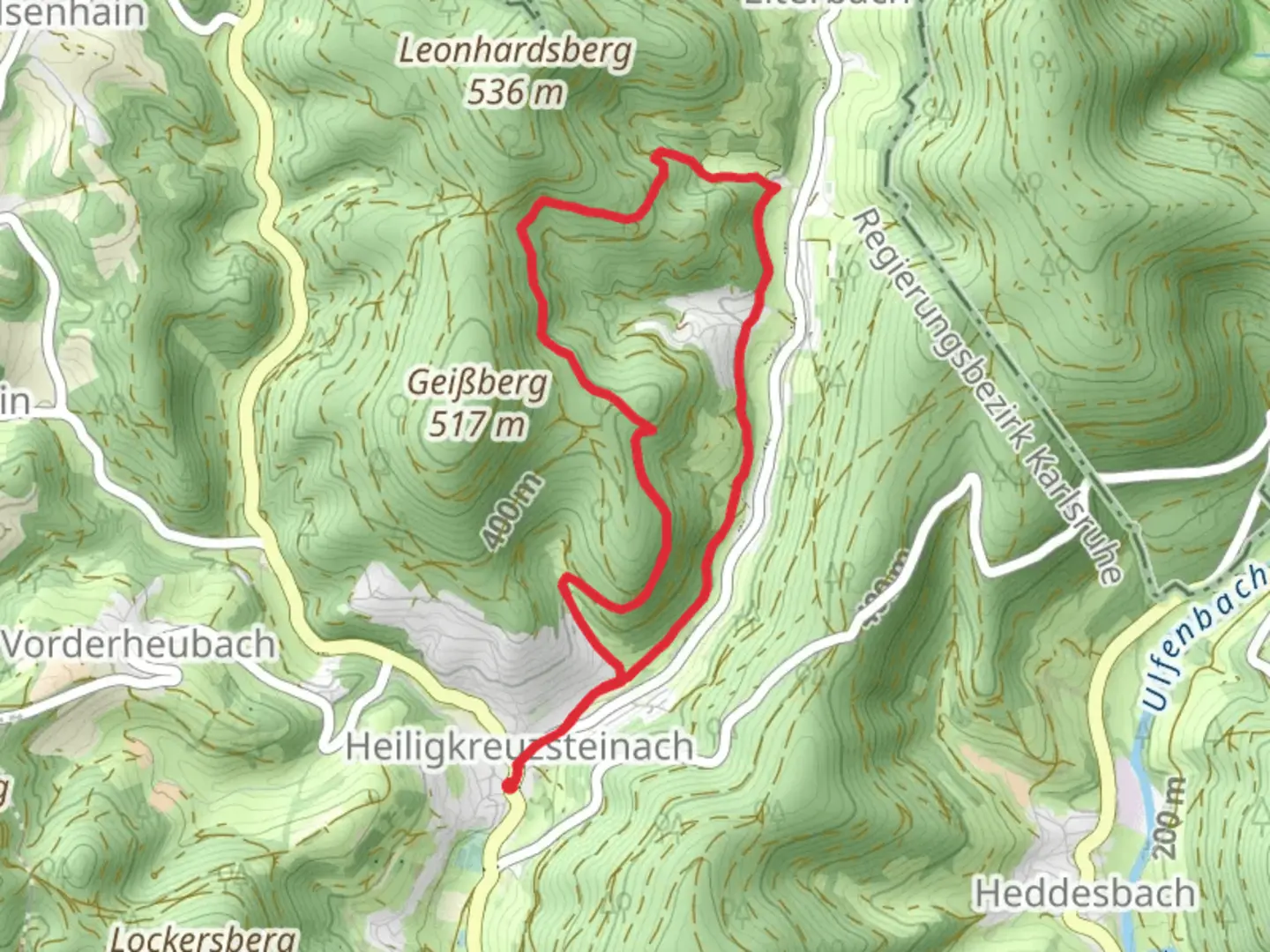 An image depicting the trail Heiligkreuzsteinach Loop and its surrounding area.