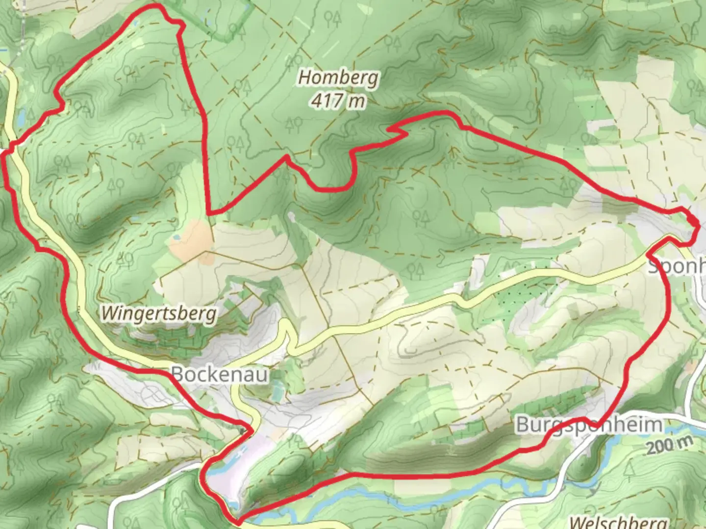 An image depicting the trail Sponheim and Bockenau Loop and its surrounding area.