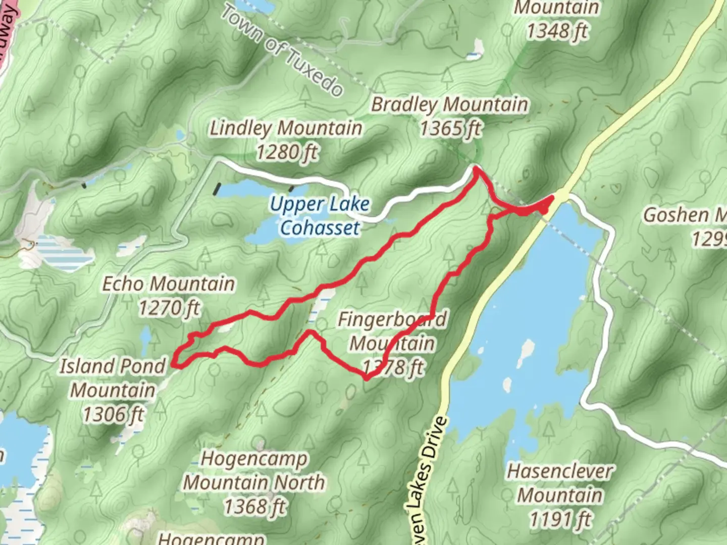 An image depicting the trail Fingerboard Mountain and Lake Tiorati Loop and its surrounding area.