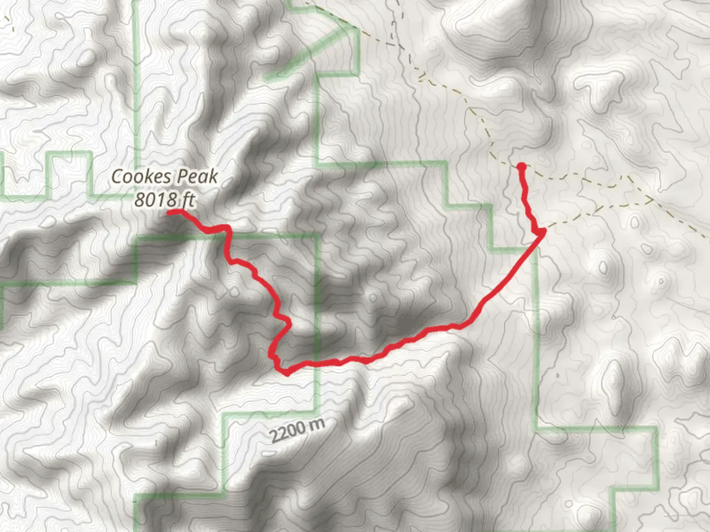 An image depicting the trail Cookes Peak via Cookes Peak Trail and its surrounding area.