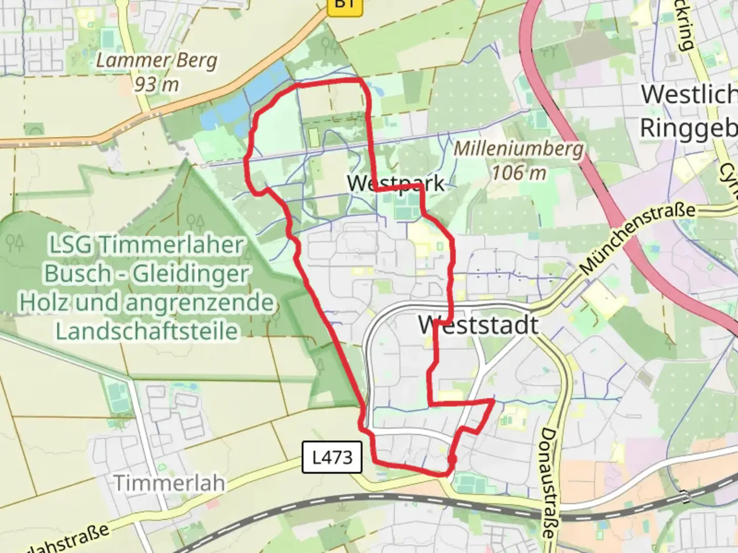 An image depicting the trail Weststadt Loop and its surrounding area.