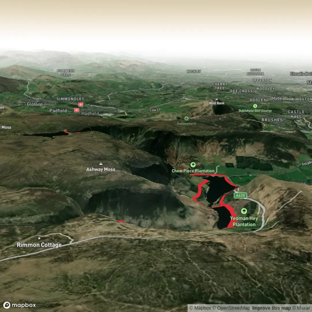 An image depicting the trail Dovestones, Greenfield Reservoir and Chew Reservoir and its surrounding area.