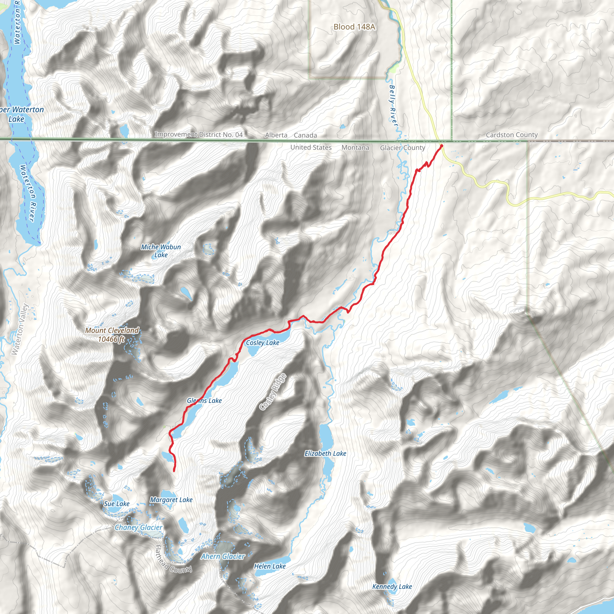 Cosley Lake, Glenns Lake and Mokowanis Lake via Stoney Indian Pass and Belly River Trail mobile static map
