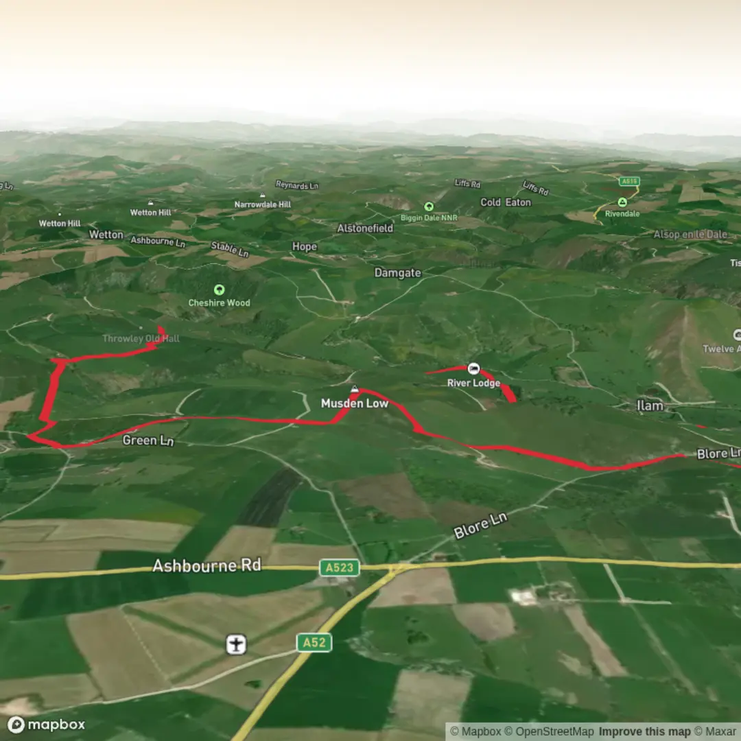 An image depicting the trail Musden Low Trig + Throwley Old Hall Walk from Ilam Hall and its surrounding area.