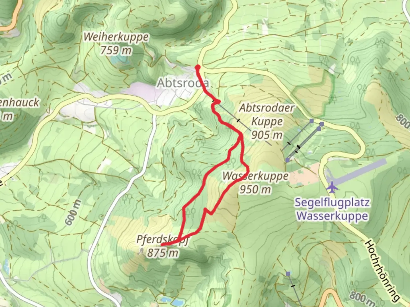 An image depicting the trail Pferdskopf and Wasserkuppe Loop via Ortesweg and its surrounding area.