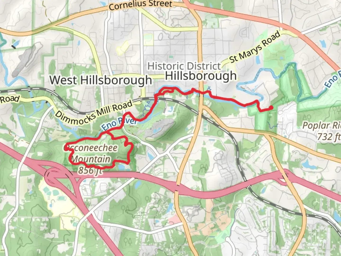 An image depicting the trail Hillsborough Riverwalk and Brown Elfin Knob Loop and its surrounding area.