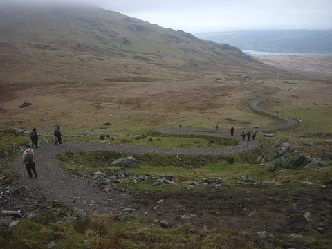 An image depicting the trail Coniston to Seathwaite Walk via Walna Scar and its surrounding area.