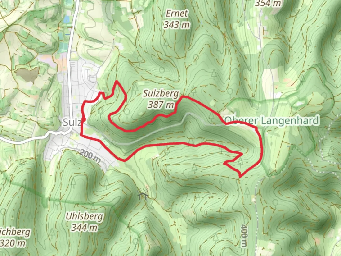 An image depicting the trail Sulz and Langenhard Loop via Scheibhalde and its surrounding area.