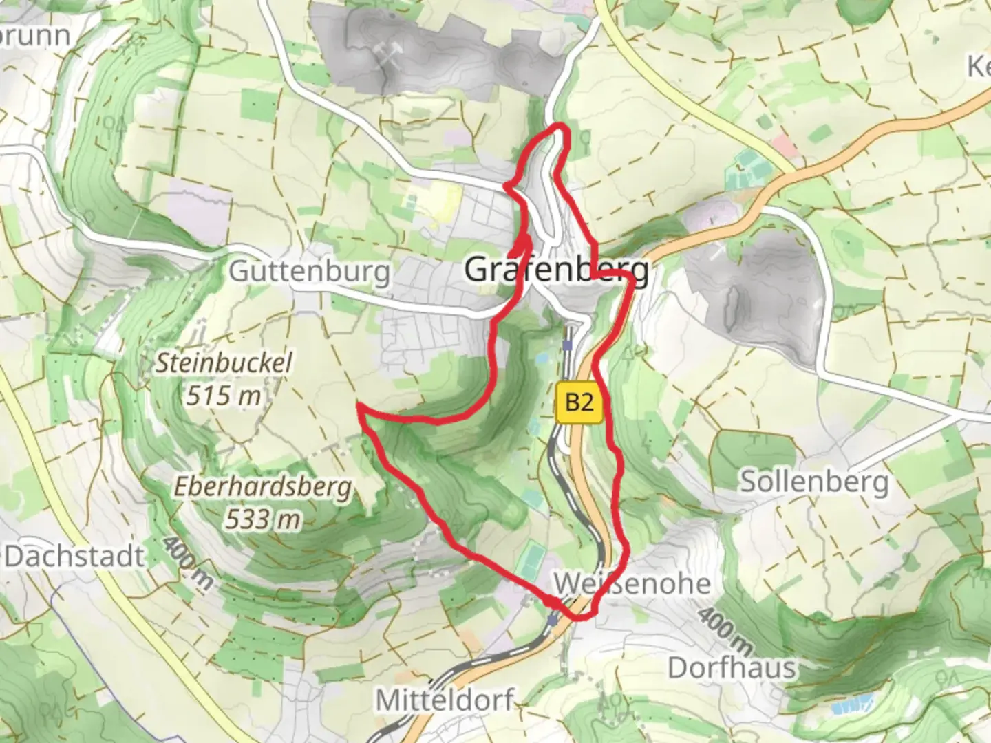 An image depicting the trail Weißenohe and Gräfenberg Loop and its surrounding area.