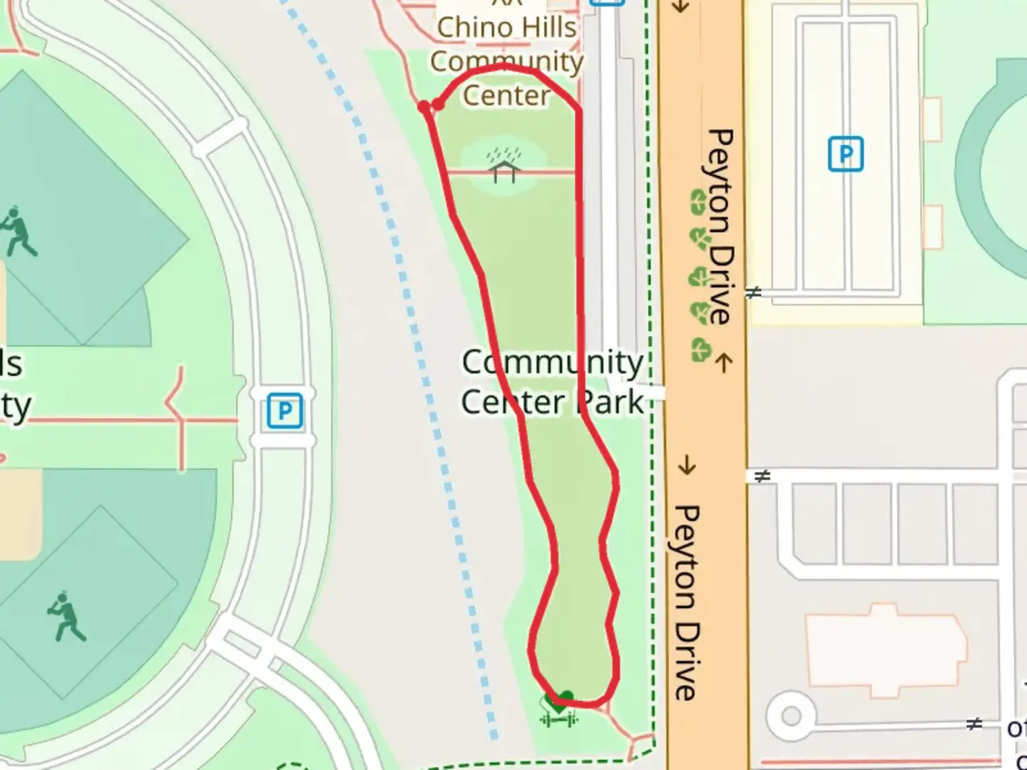 An image depicting the trail Community Center Park Loop and its surrounding area.
