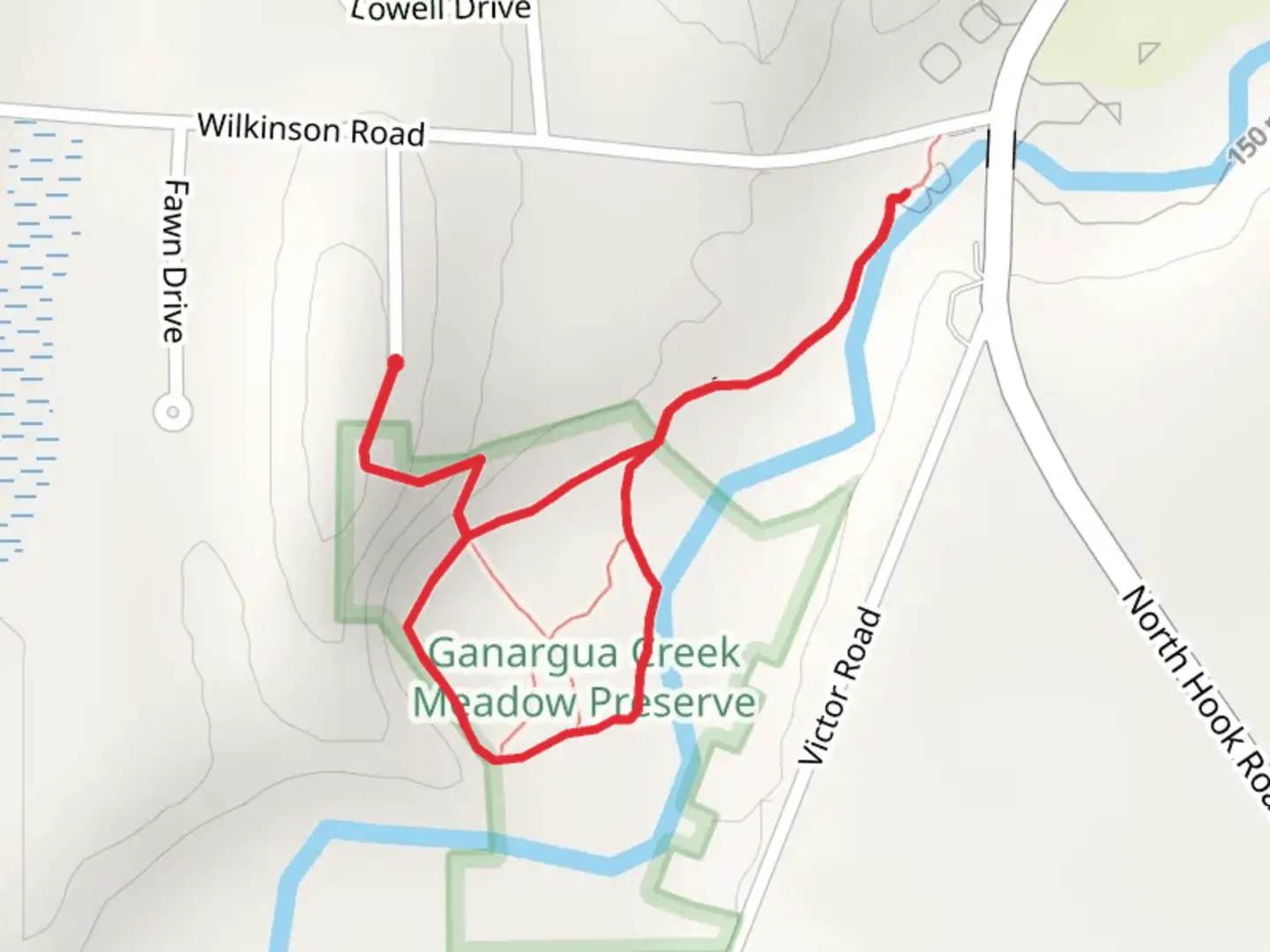 An image depicting the trail Ganargua Creek Meadow Preserve Loop and its surrounding area.