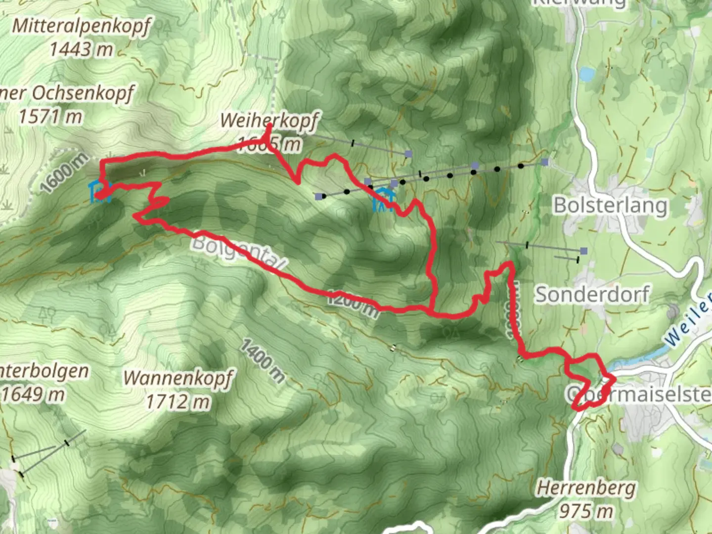 An image depicting the trail Weiherkopf via Hoerner Hohenweg and its surrounding area.