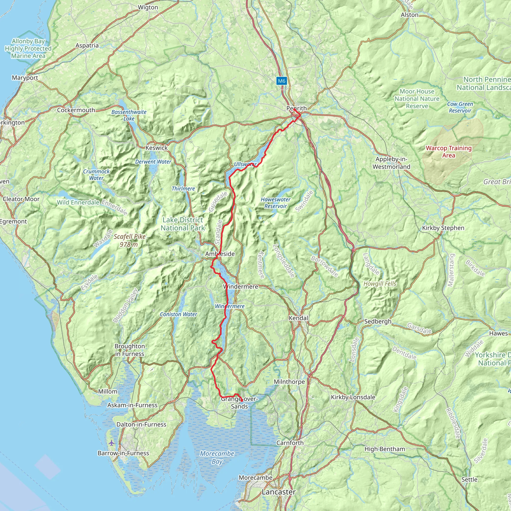 Grange - over - Sands Station to Penrith Station via Great Lakes mobile static map