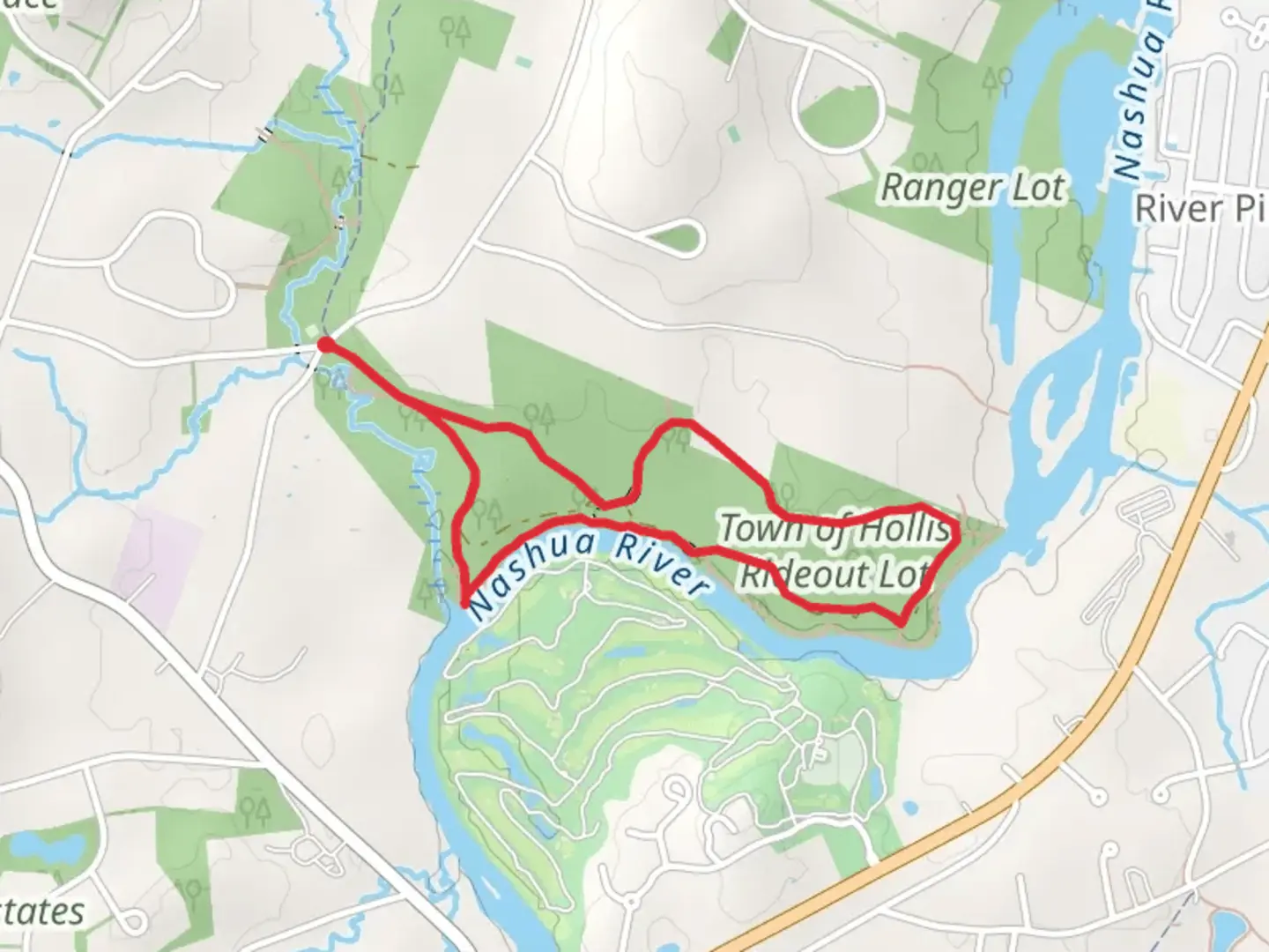 An image depicting the trail Town of Hollis Rideout Lot Loop and its surrounding area.