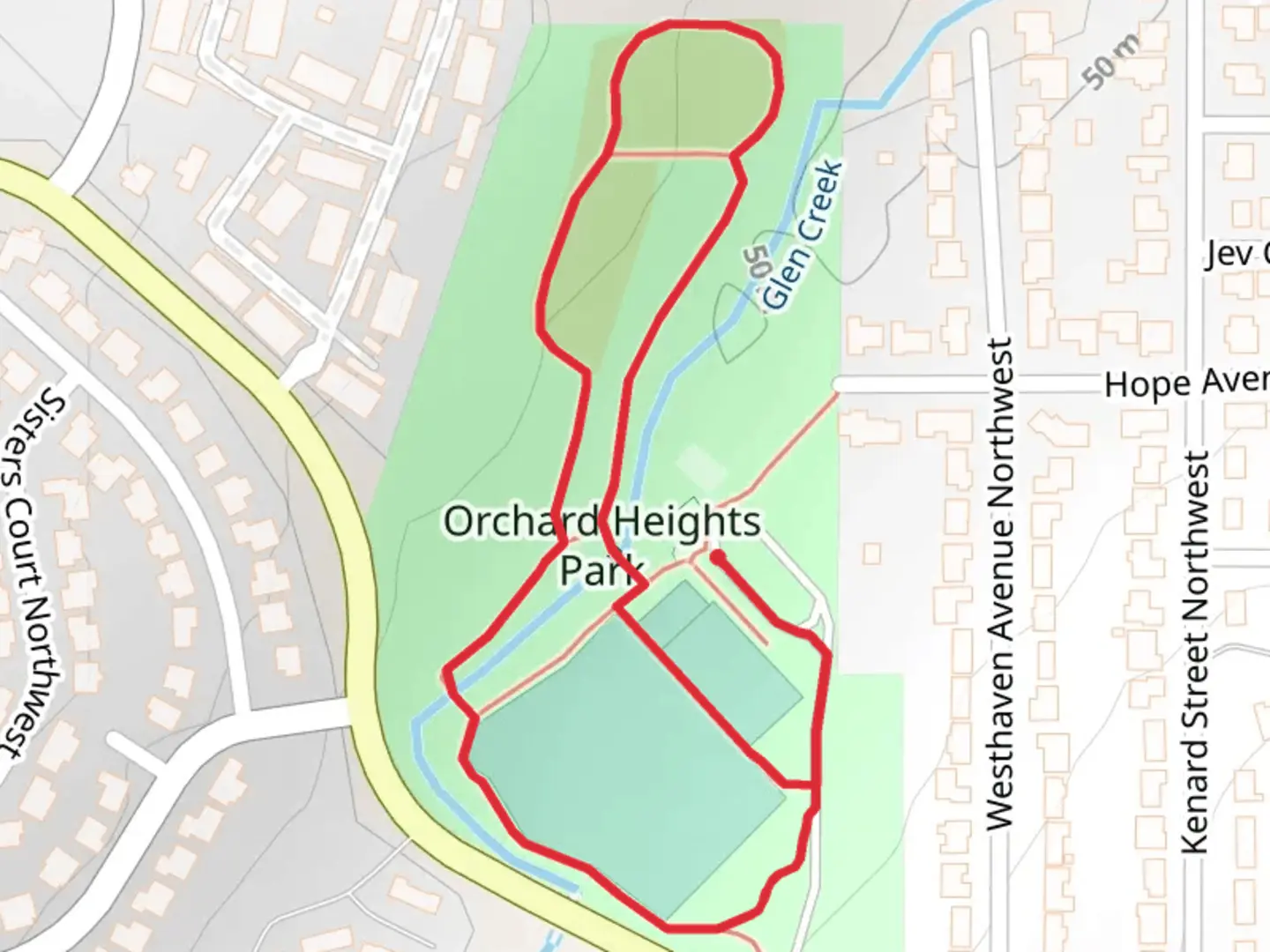 An image depicting the trail Orchard Heights Park Loop and its surrounding area.