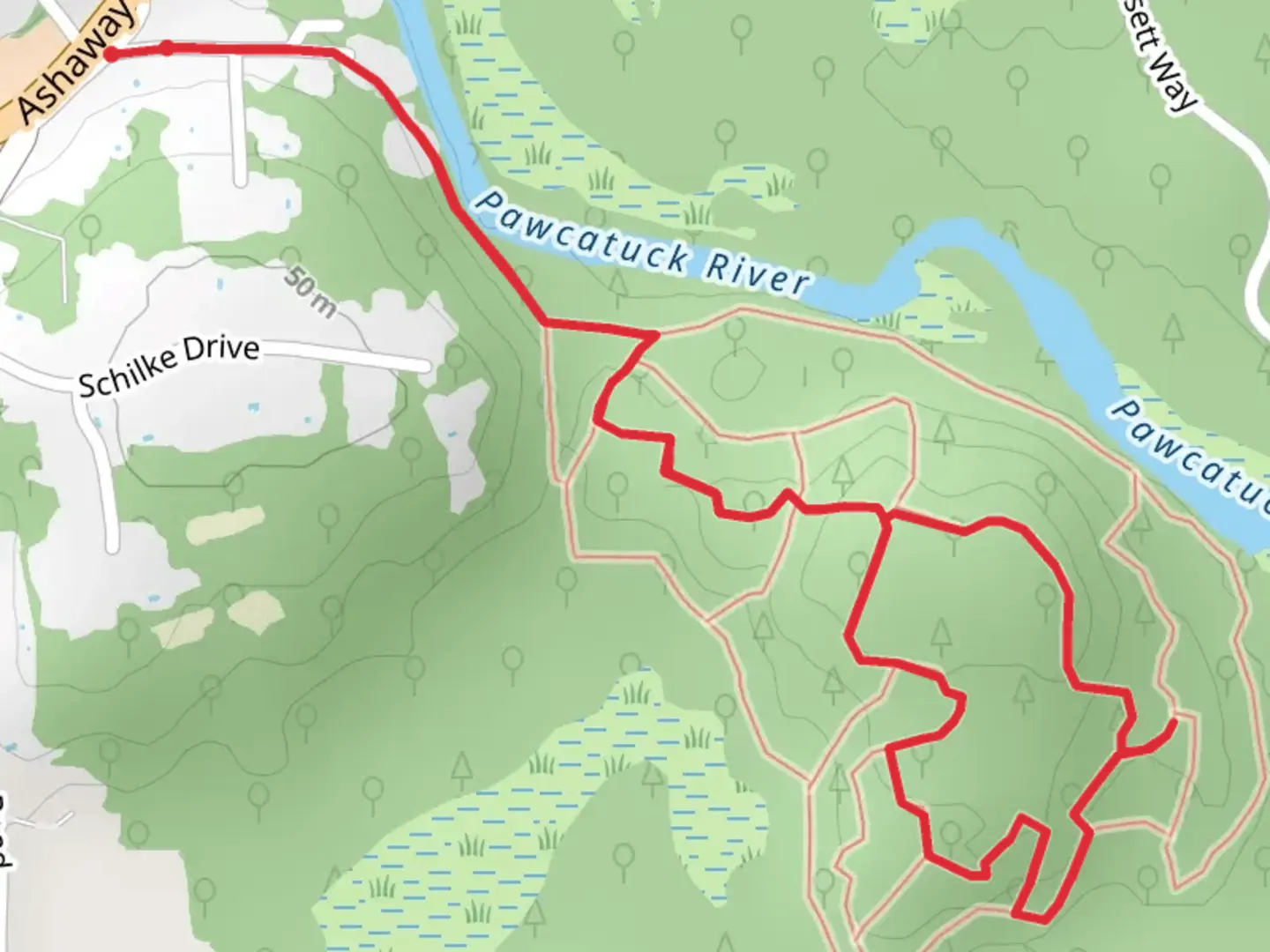 An image depicting the trail Riverwood Preserve Blue Loop Trail via Boy Scout Drive and its surrounding area.
