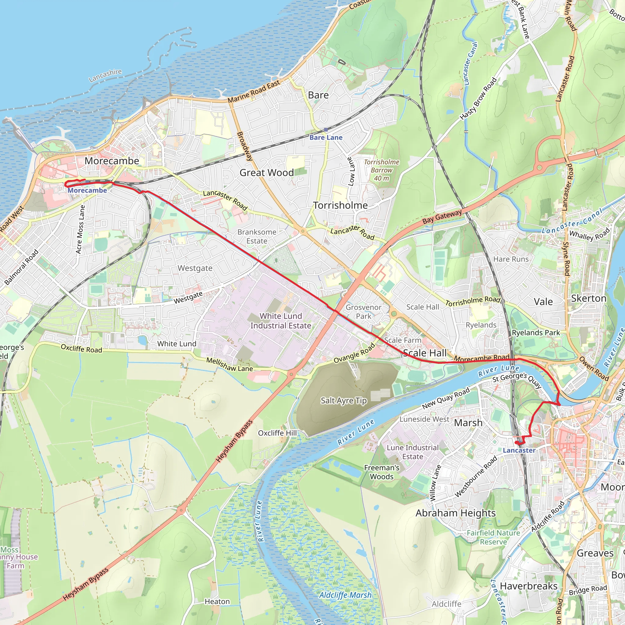 Lancaster to Morecambe via Lancashire Coastal Way mobile static map