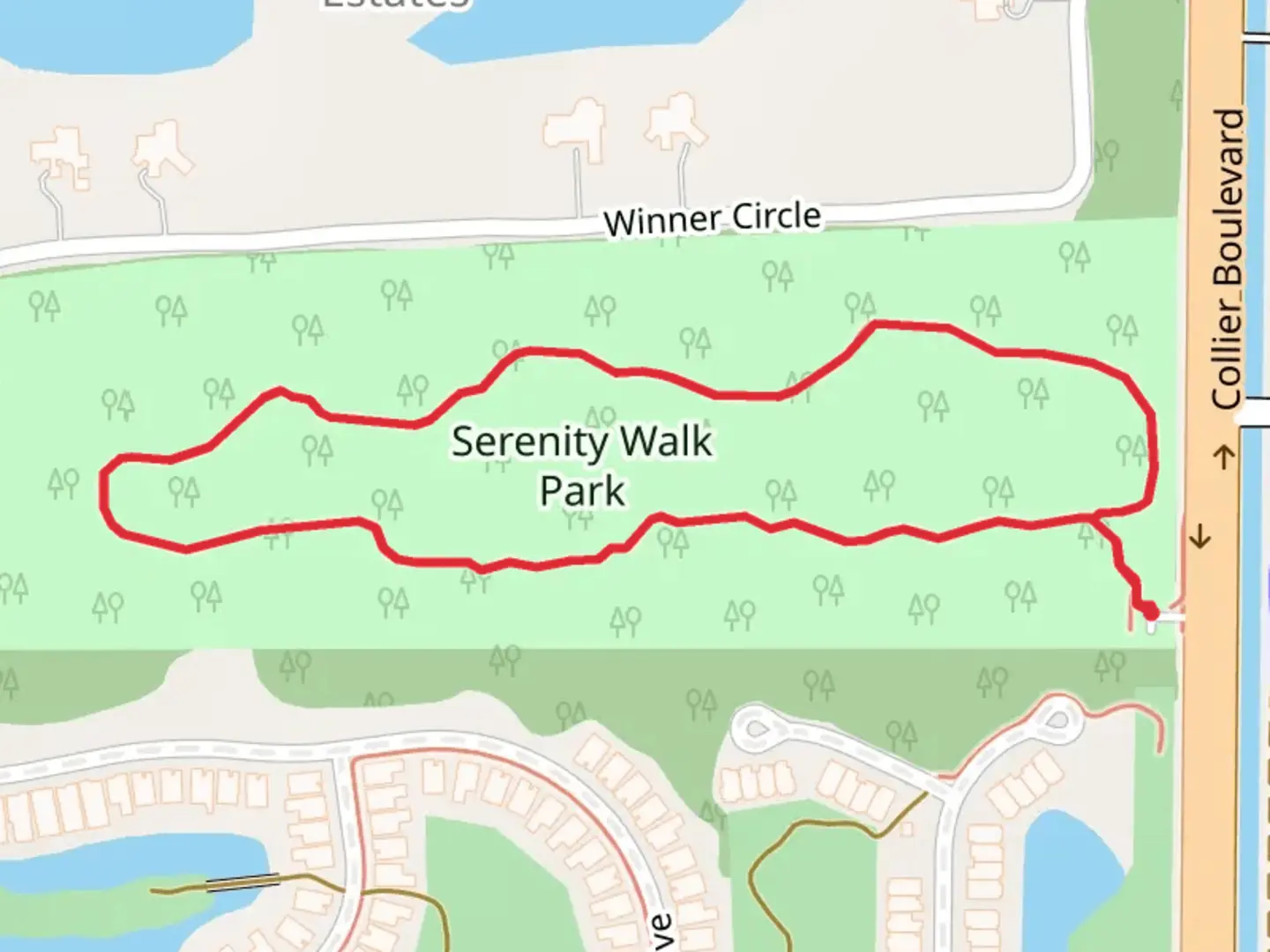 An image depicting the trail Serenity Walk Park Loop and its surrounding area.