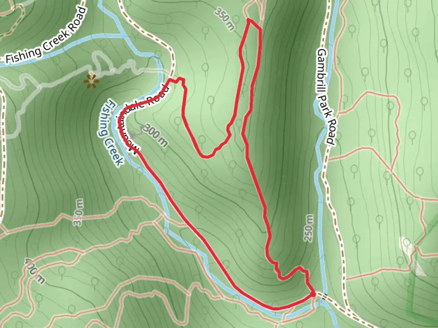 An image depicting the trail Mountaindale Road, Extended Death March and Treegina Loop and its surrounding area.