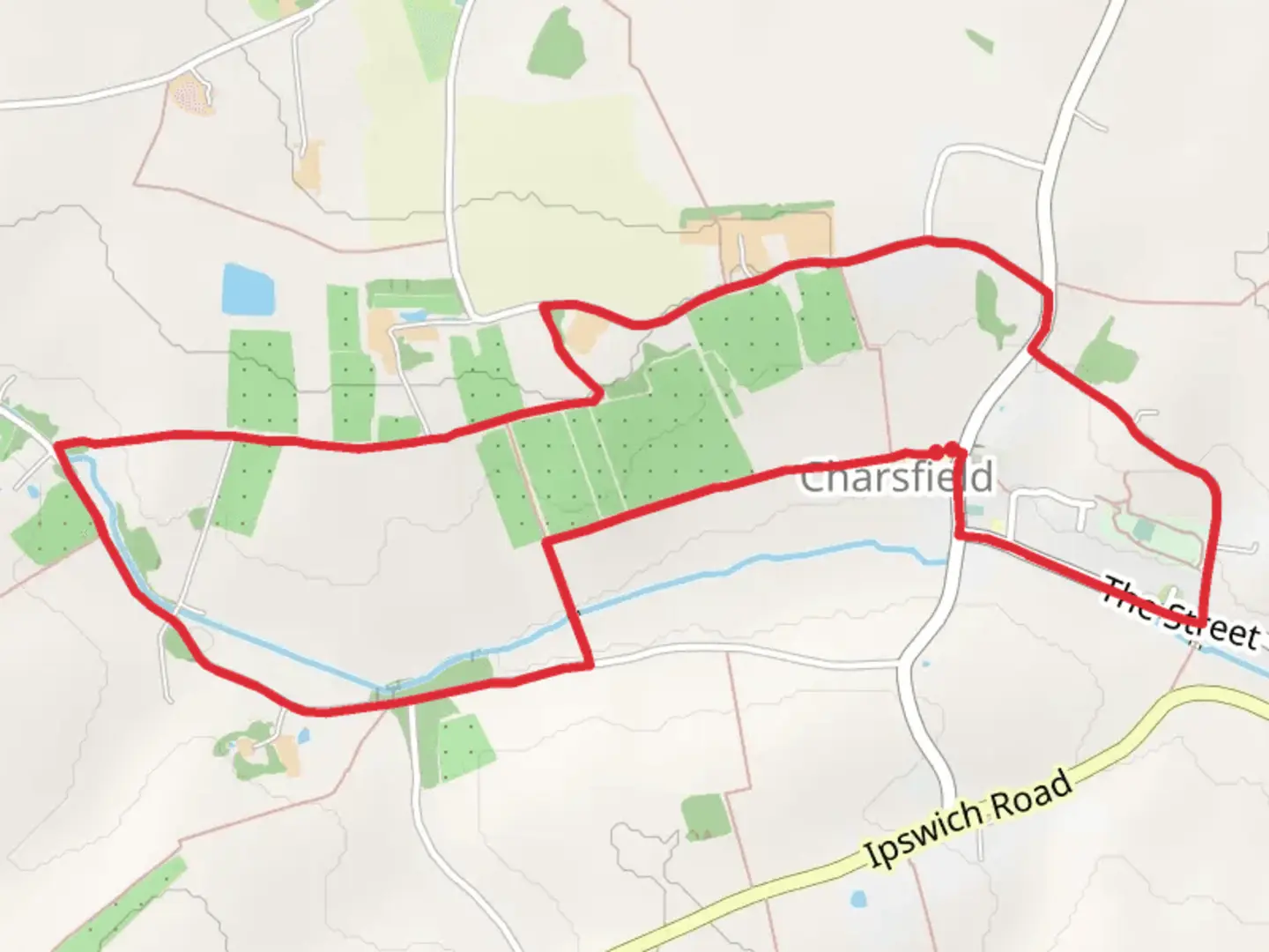 An image depicting the trail Charsfield and Potsford Brook Loop and its surrounding area.