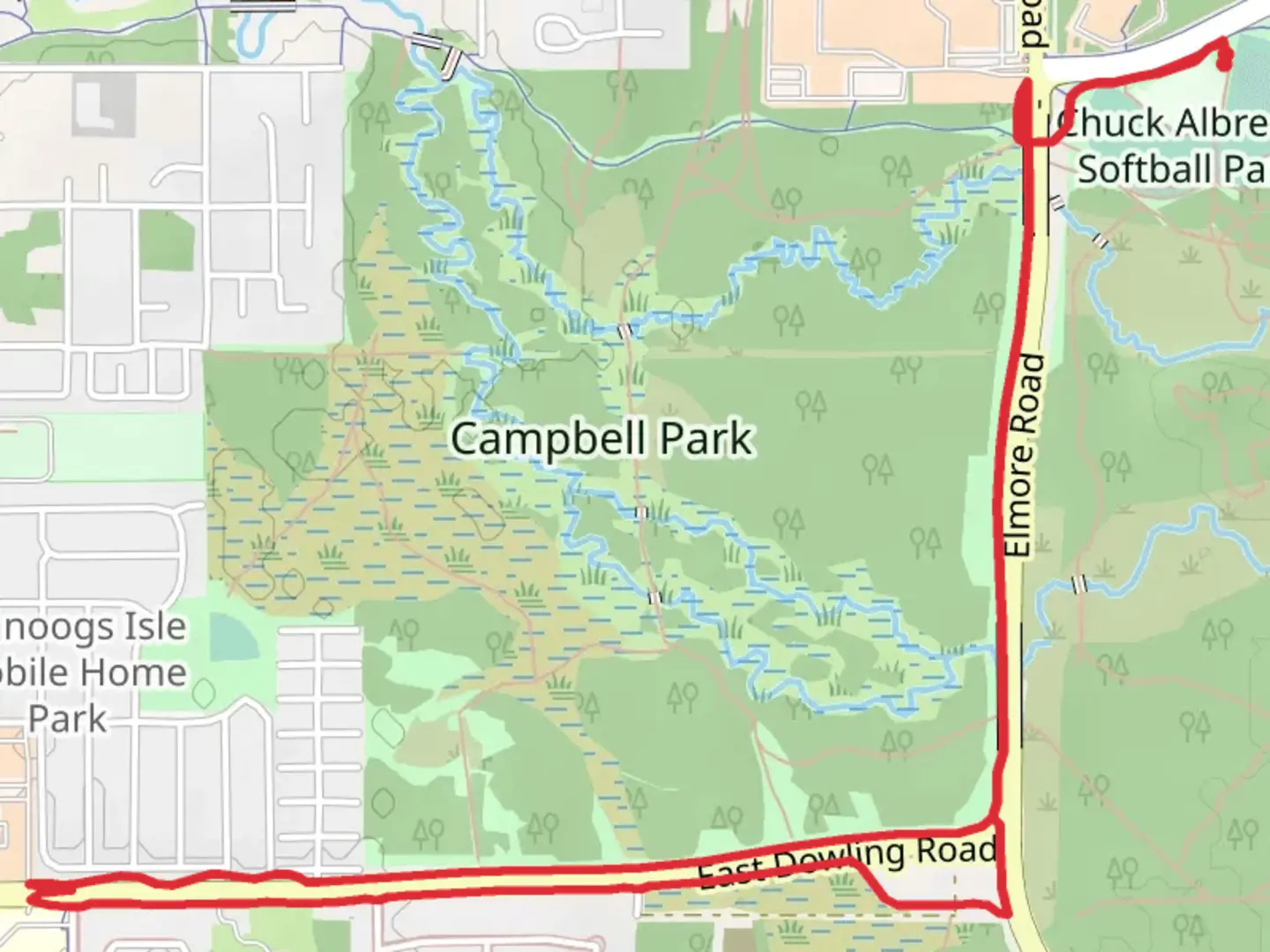 An image depicting the trail Campbell Creek Trail and Dowling Road West-East Bound Path Loop and its surrounding area.