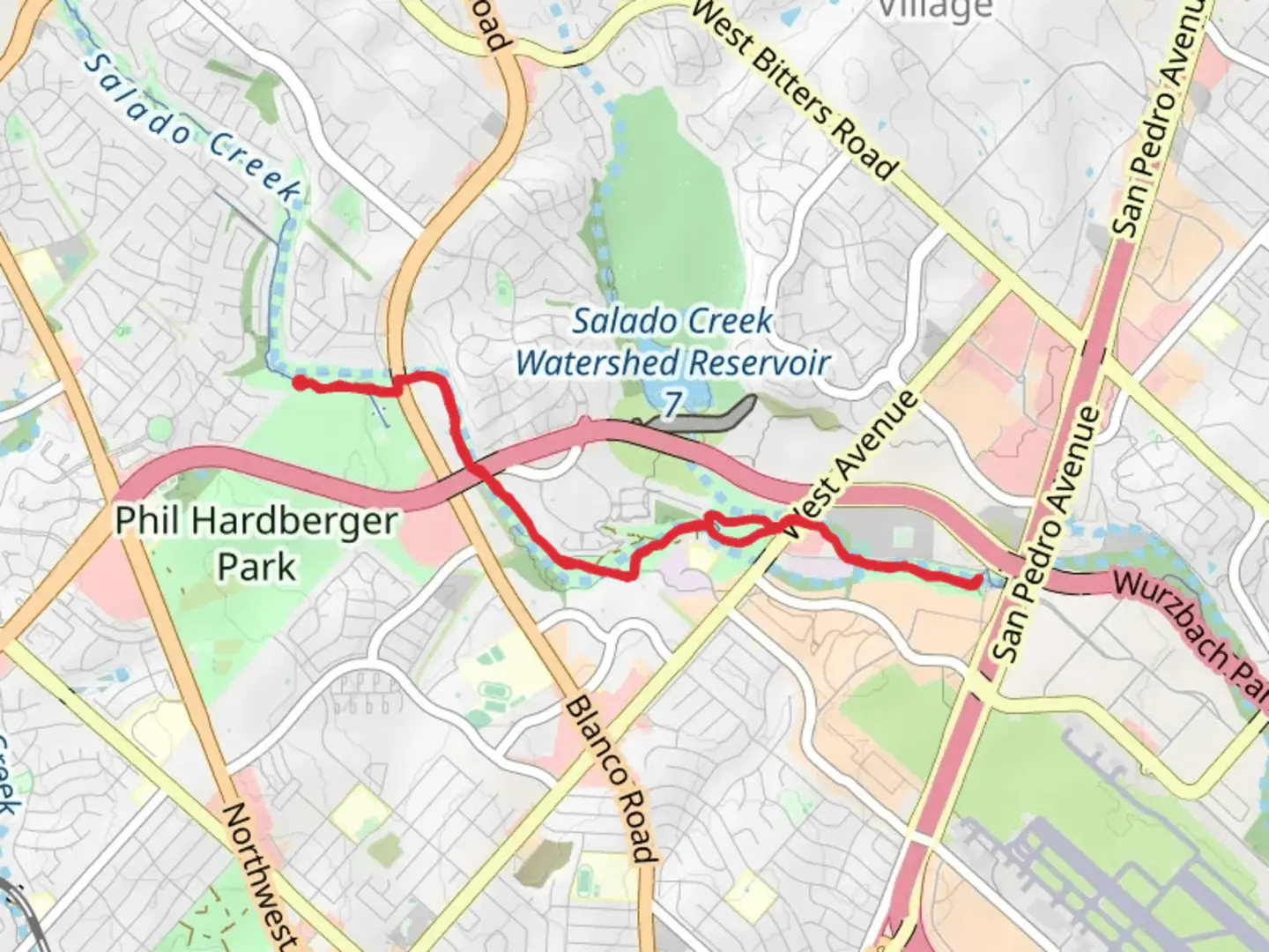 An image depicting the trail Salado Creek Greenway Trail Out and Back and its surrounding area.