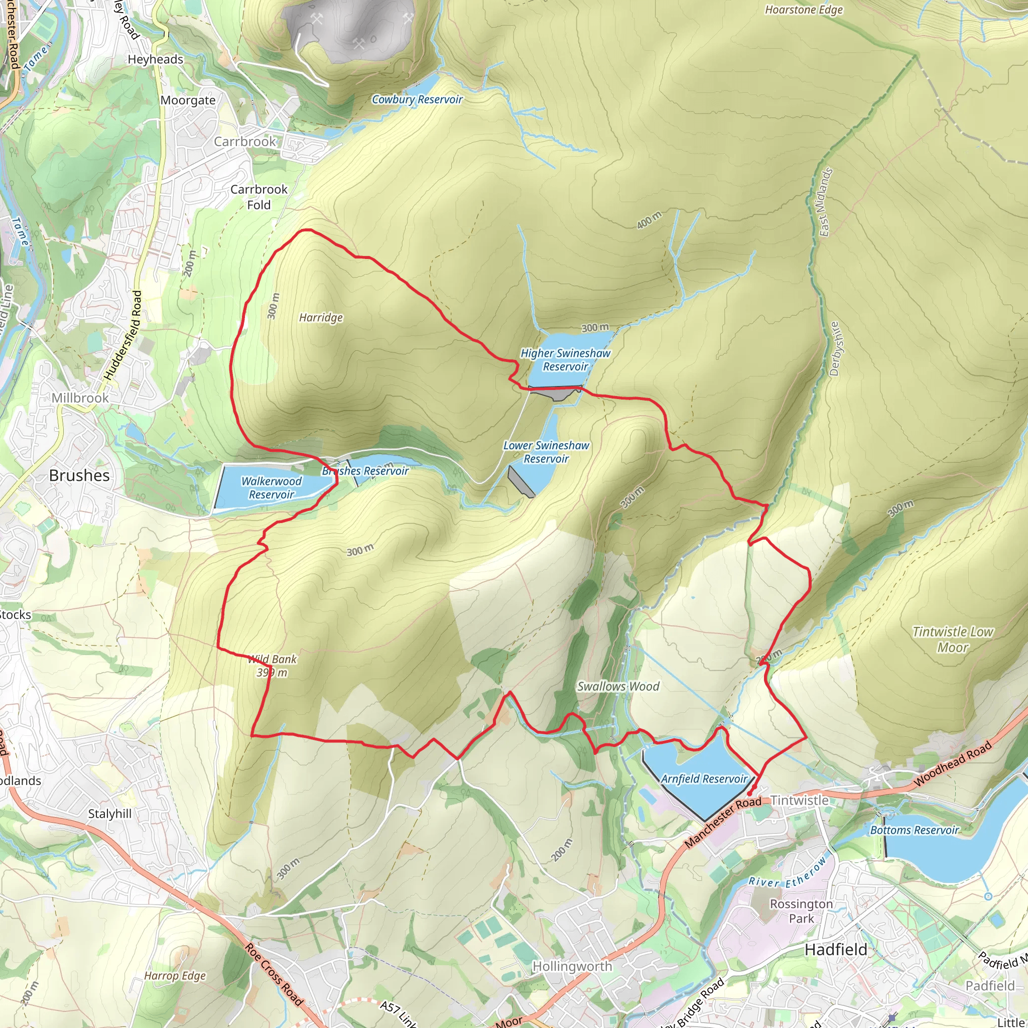 Higher Swineshaw Reservoir, Walkerwood Reservoir and Wild Bank Loop - Tintwistle mobile static map
