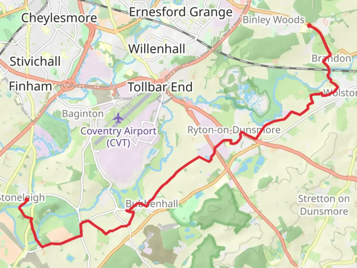 An image depicting the trail Binley Woods to Stoneleigh Walk and its surrounding area.