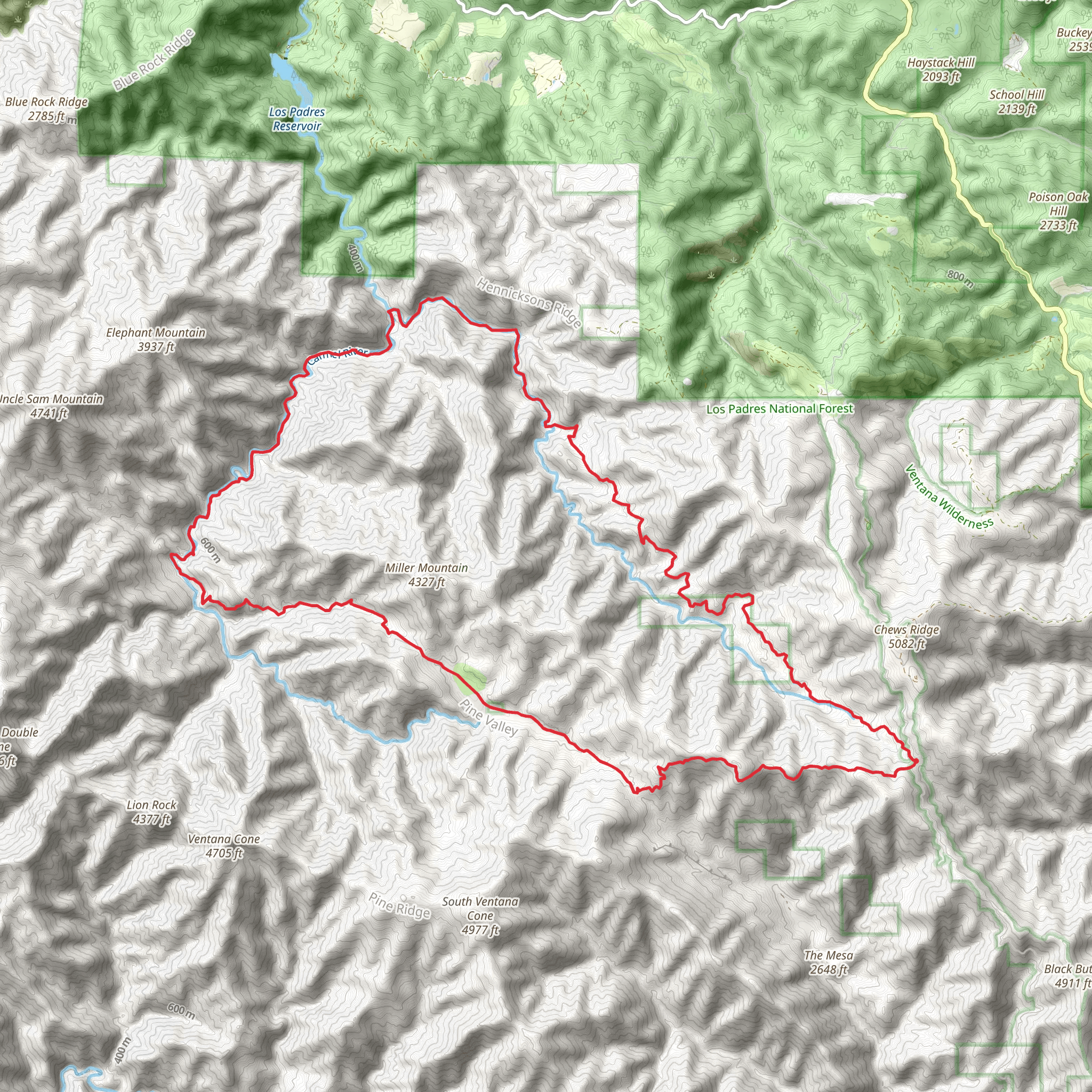 Pine Ridge Trail, Carmel River Trail and Miller Canyon Trail Loop mobile static map