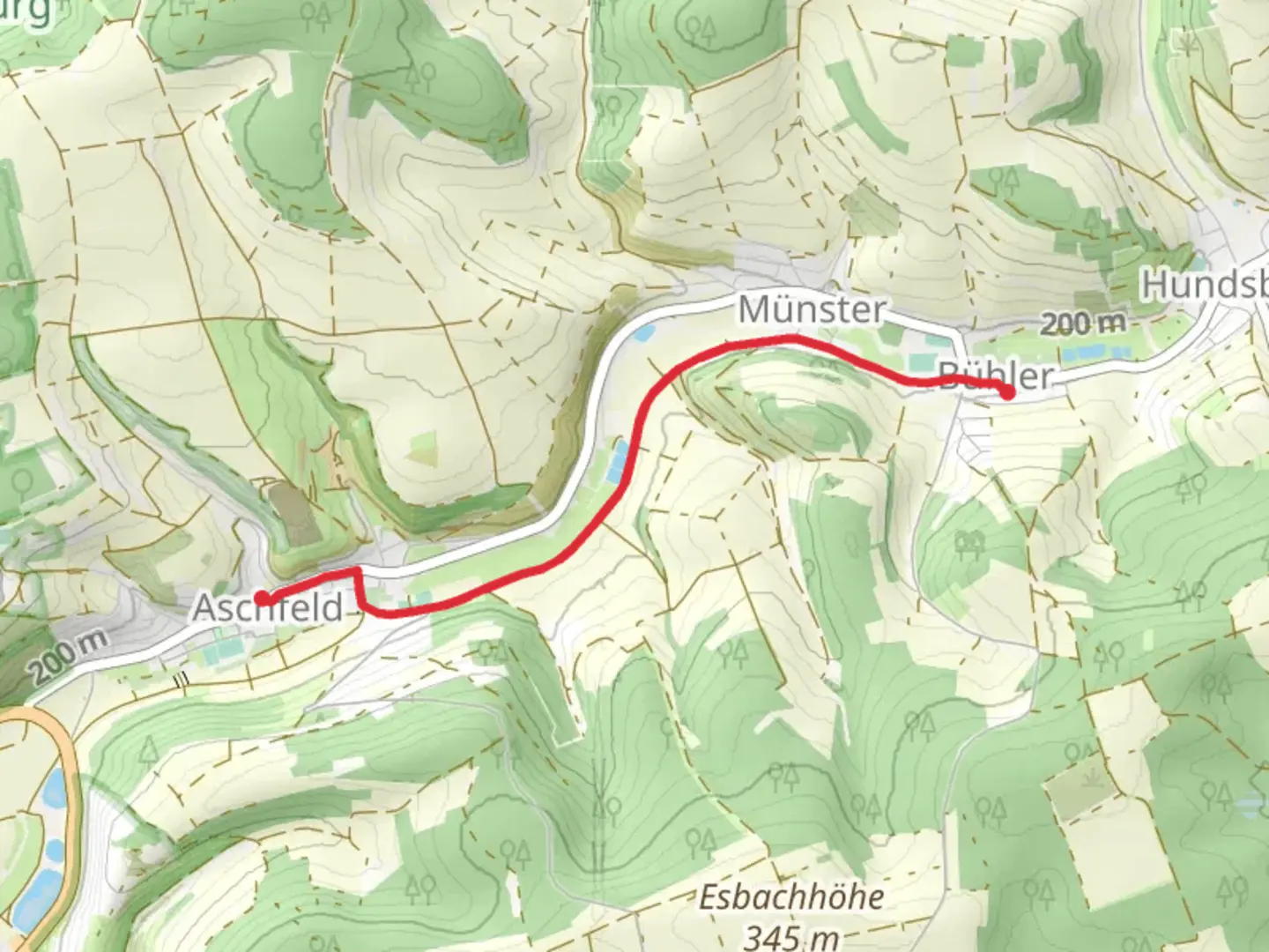 An image depicting the trail Aschfeld to Bühler Walk and its surrounding area.