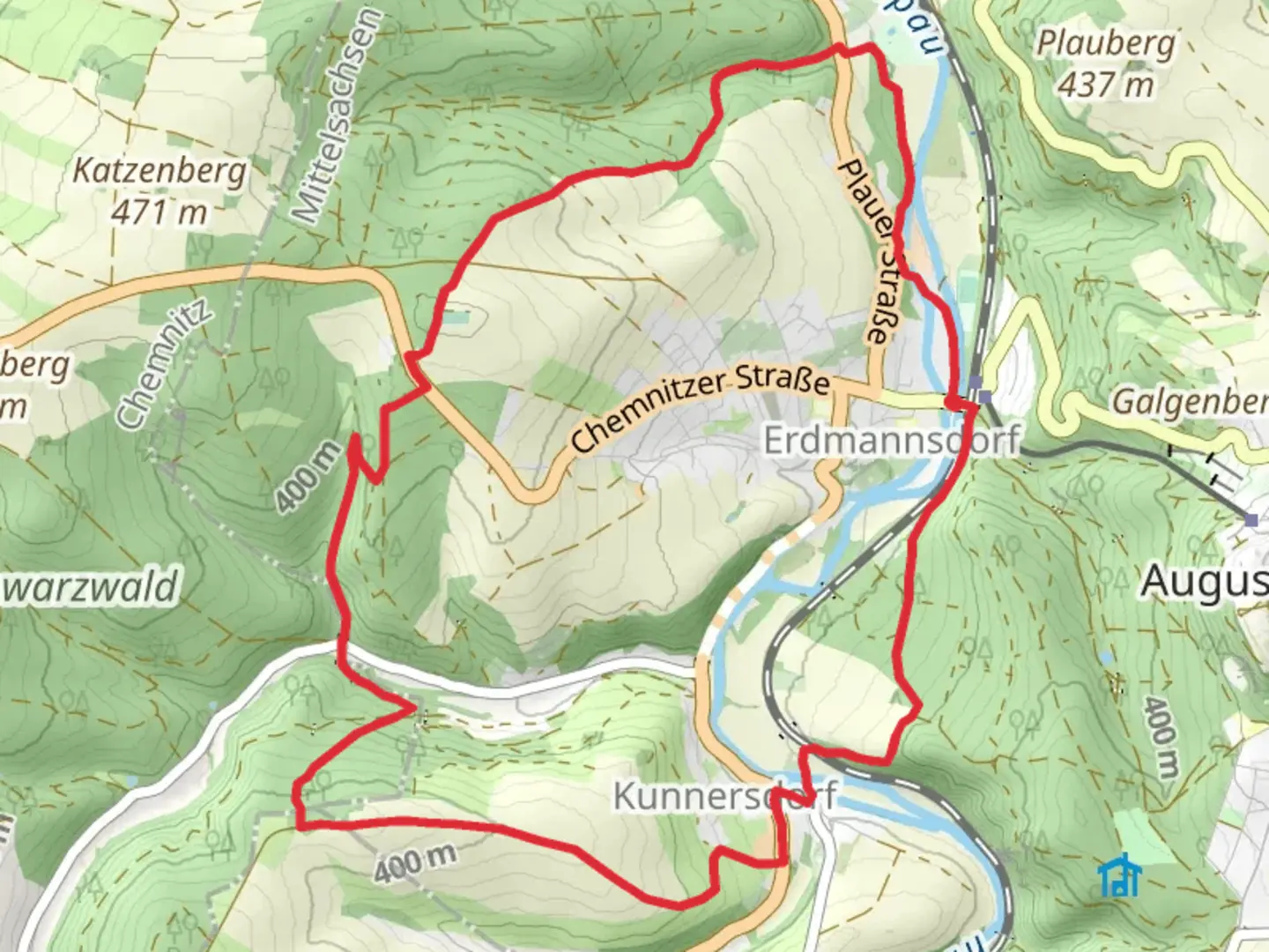 An image depicting the trail Kleiner Rundweg Erdmannsdorf and Grosser Ermannsdorfer and its surrounding area.
