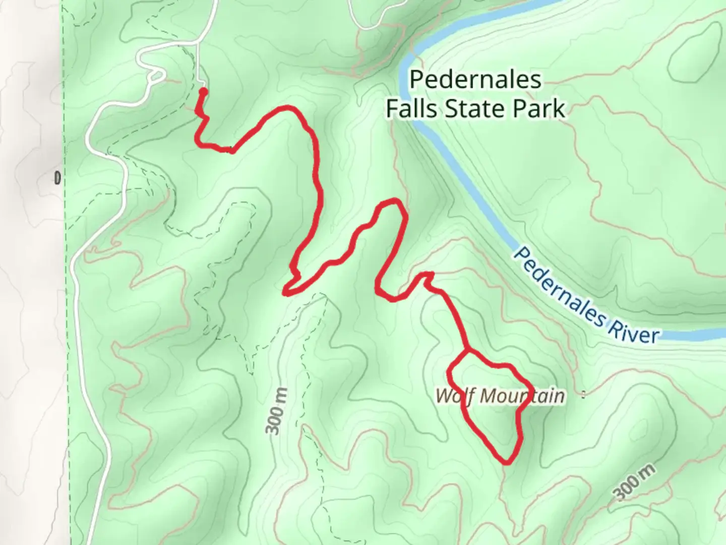 An image depicting the trail Wolf Mountain - Pedernales Falls State Park Loop and its surrounding area.