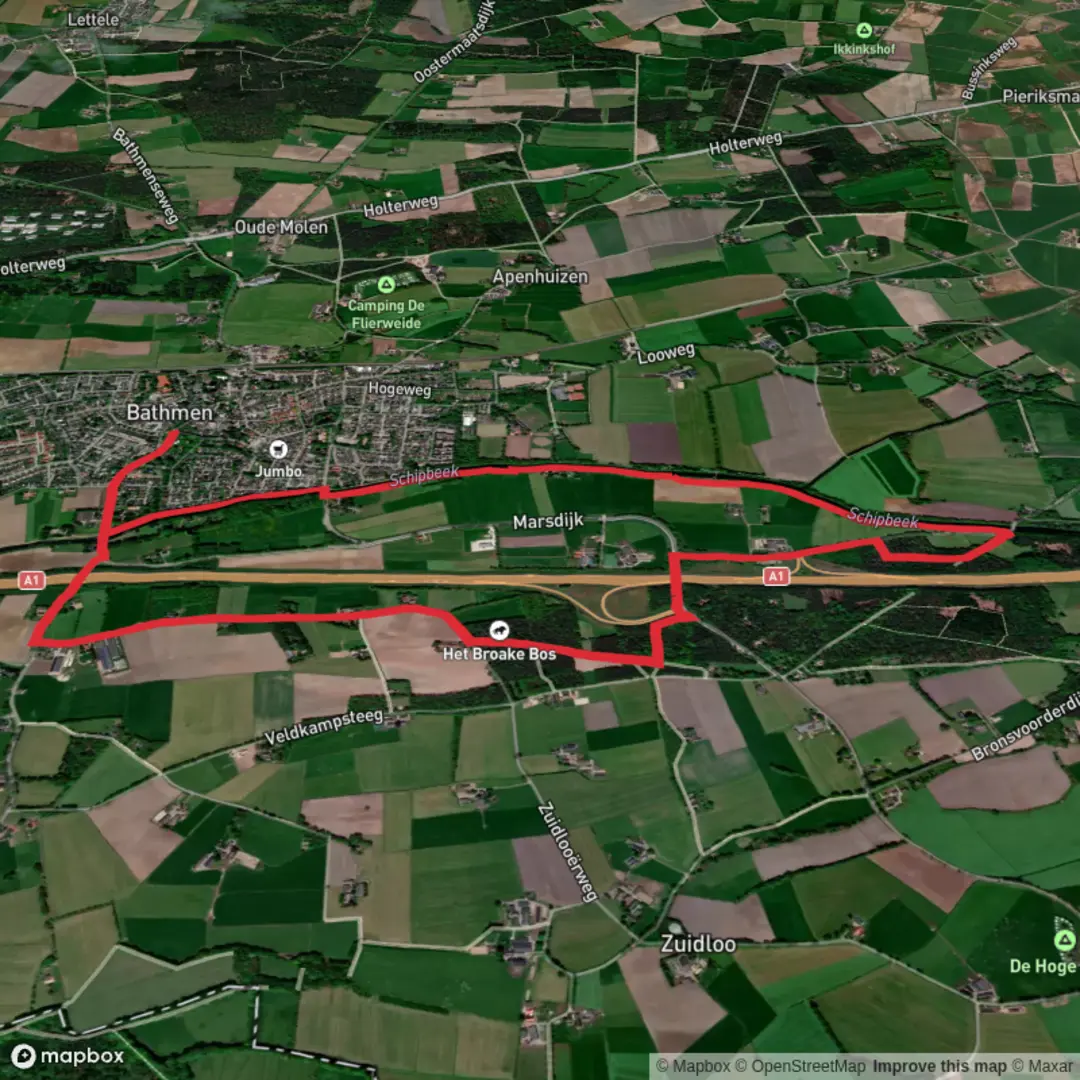 An image depicting the trail Schipbeek via Schipbeekpad and Steginks Weg and its surrounding area.
