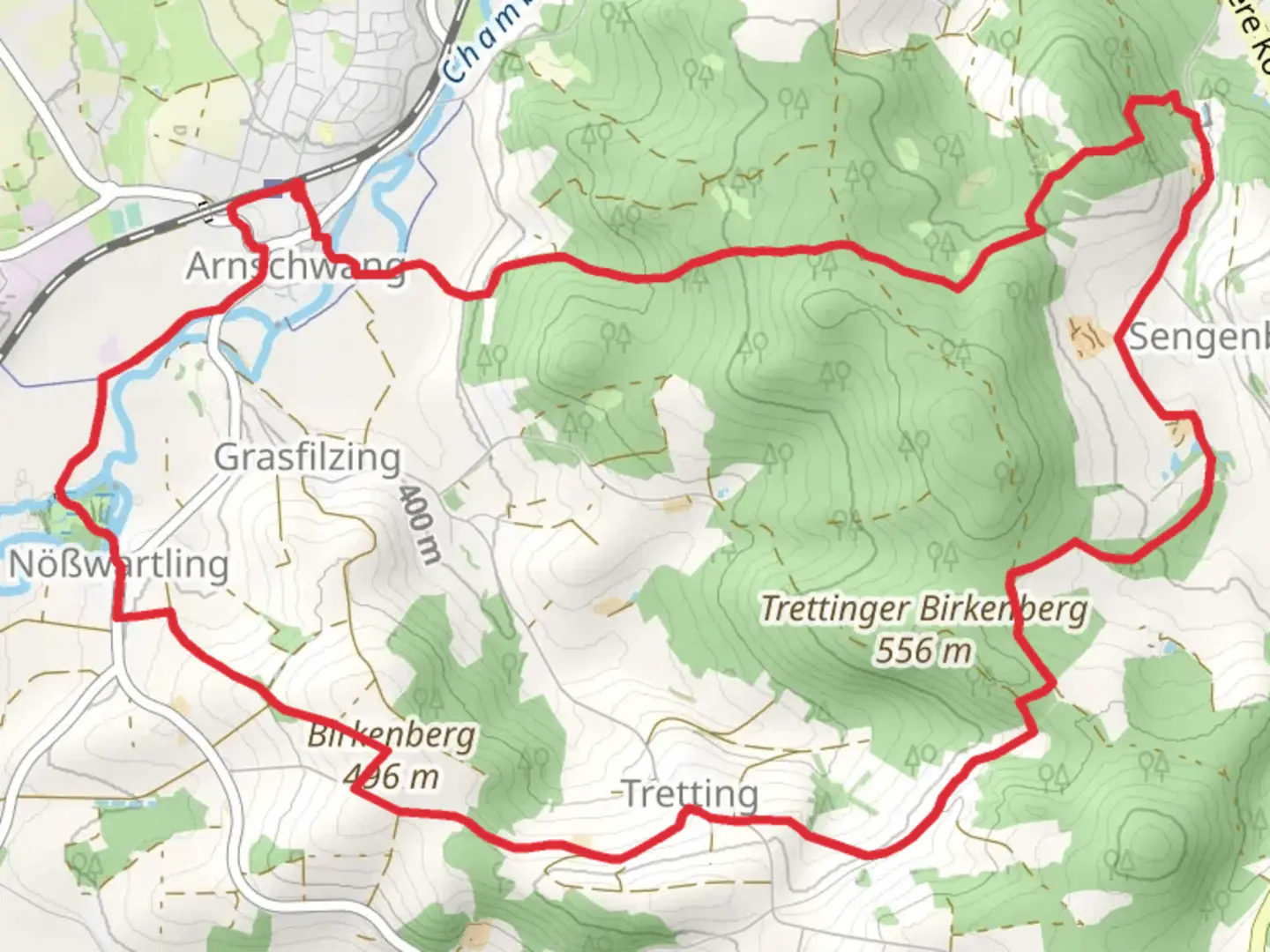 An image depicting the trail Arnschwang and Birkenberg Loop and its surrounding area.