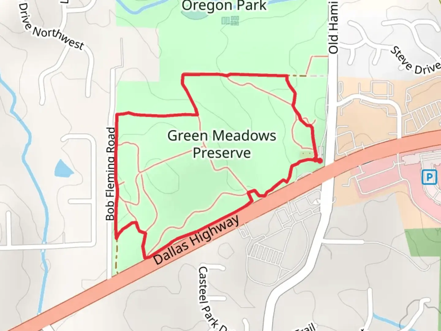 An image depicting the trail Green Meadows Preserve Loop and its surrounding area.