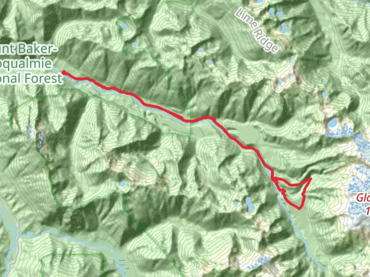 An image depicting the trail Old White Chuck Road, White Chuck River and Kennedy Ridge Loop Trail and its surrounding area.