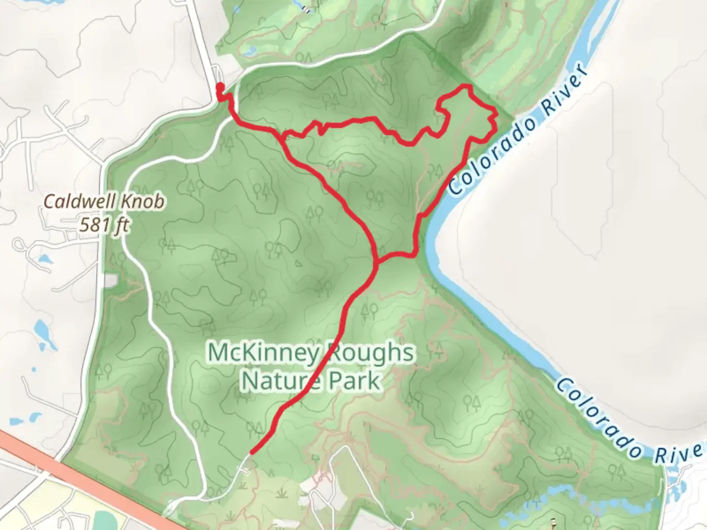 An image depicting the trail Colorado River and McKinney Roughs Nature Park and its surrounding area.