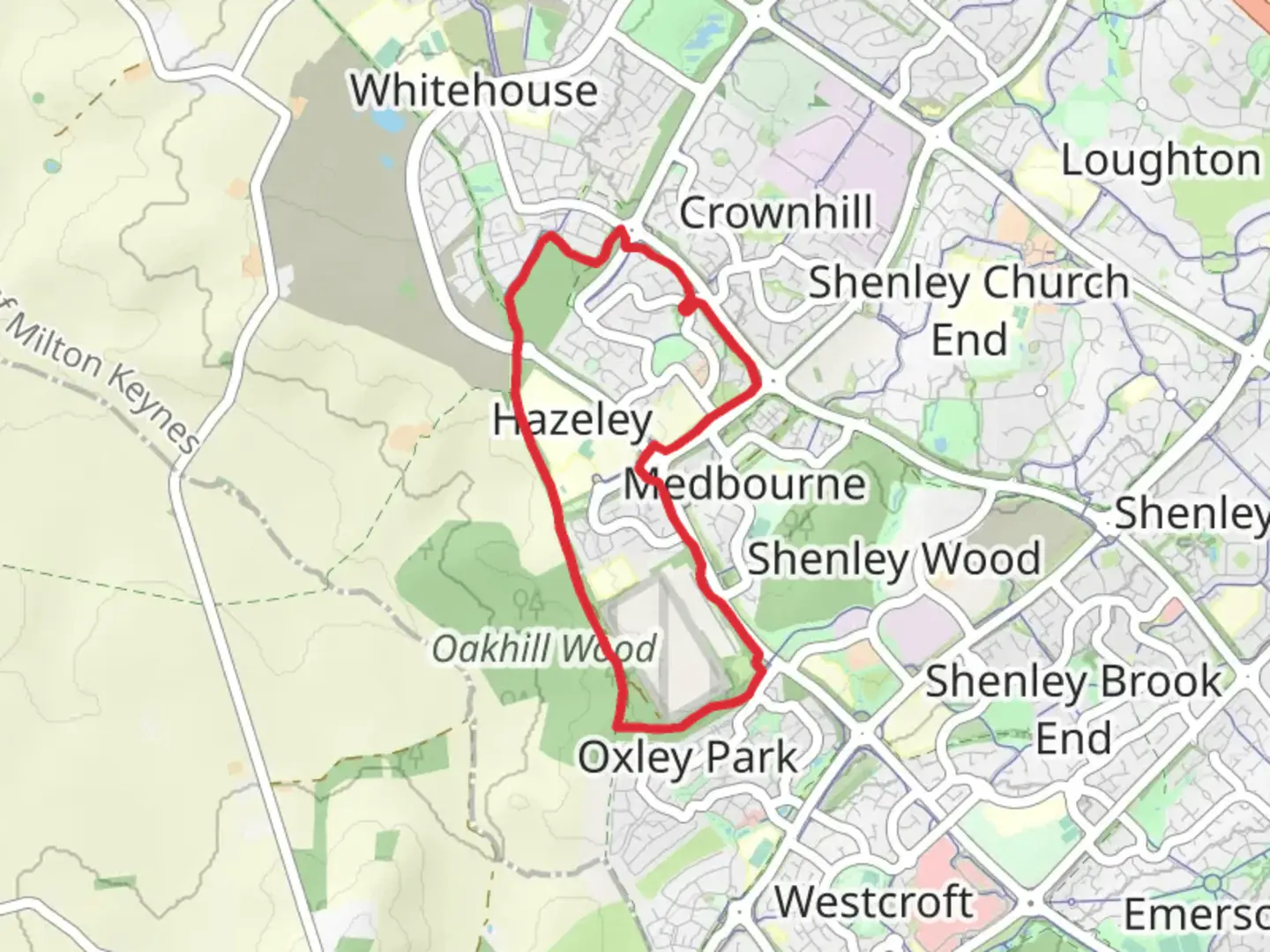 An image depicting the trail Hazeley Wood and Woodhill Loop and its surrounding area.