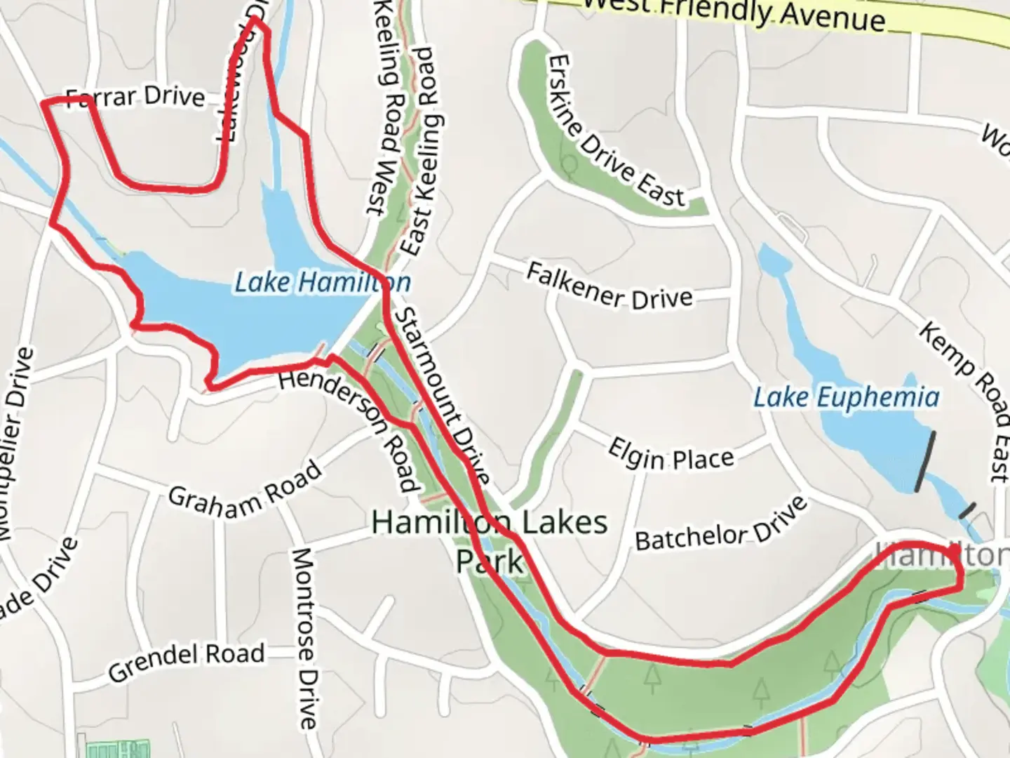 An image depicting the trail Hamilton Lakes Park Loop and its surrounding area.