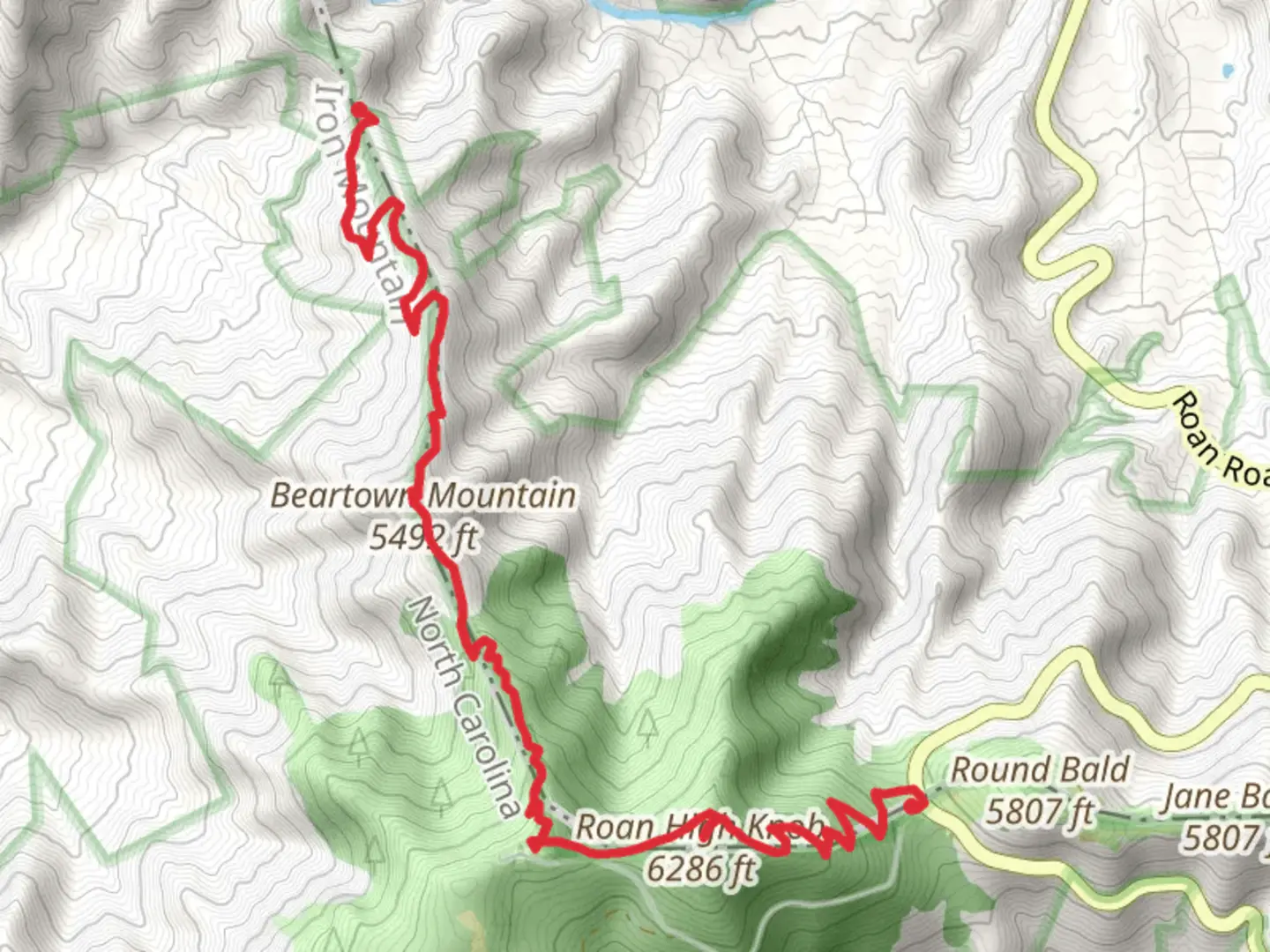 An image depicting the trail Beartown Mountain, Cloudland Mountain and Roan High Knob via Appalachian Trail and its surrounding area.
