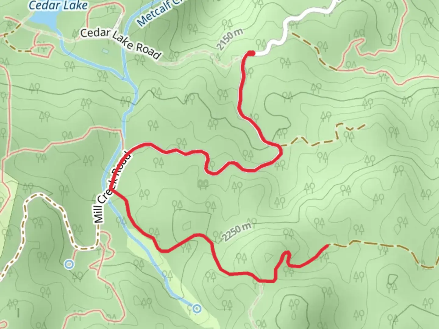 An image depicting the trail Metcalf Creek via Osita Camp road and its surrounding area.
