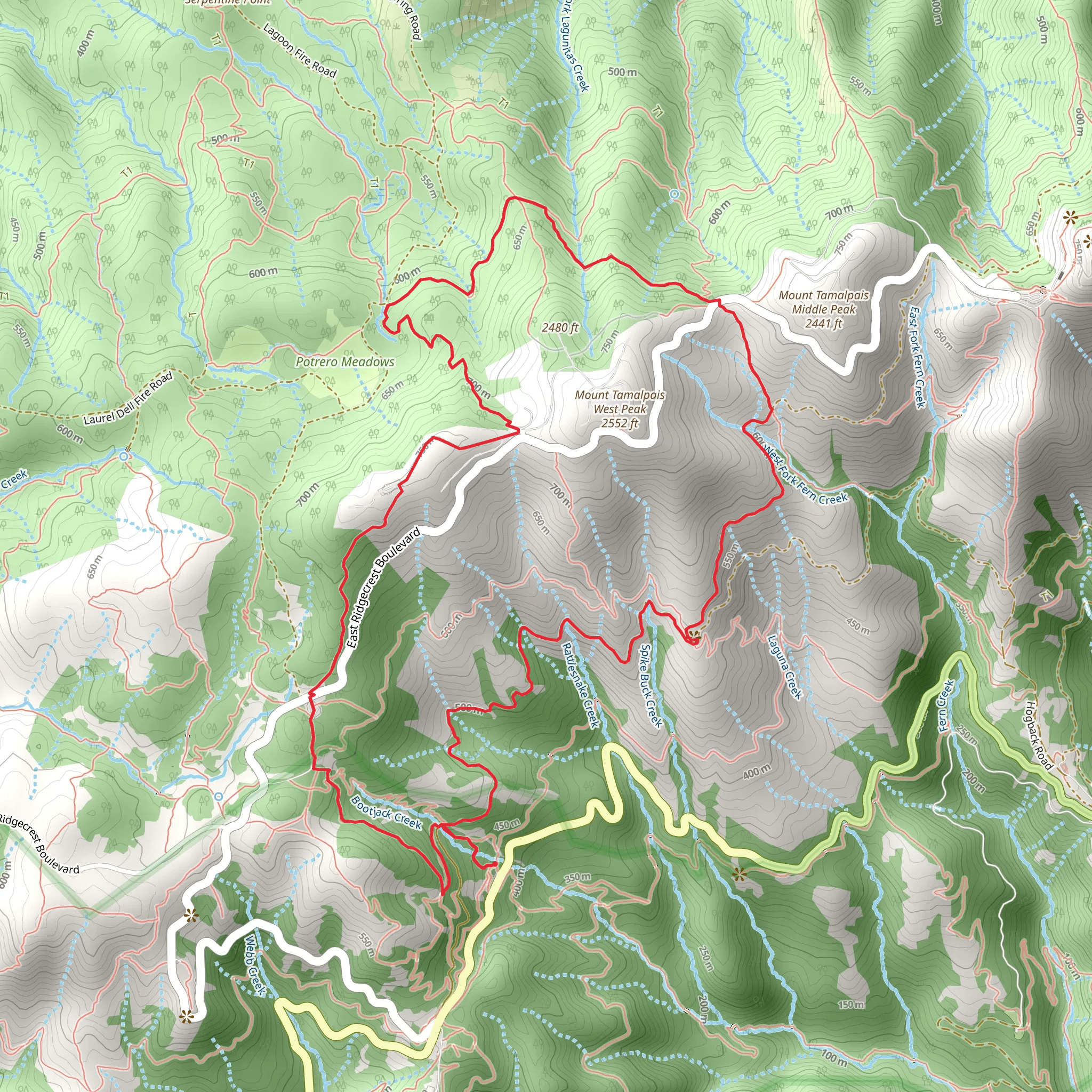Mount Tamalpais West Point via Arturo Trail and International Trail mobile static map