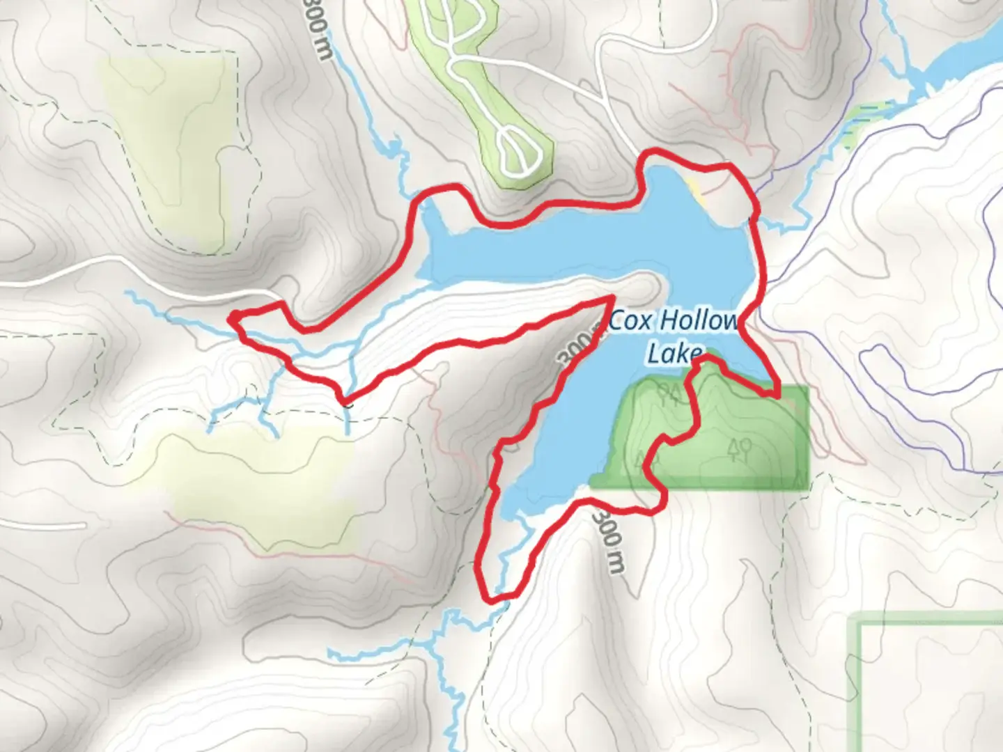 An image depicting the trail Cox Hollow Lake Loop via Pine Cliff Trail and its surrounding area.
