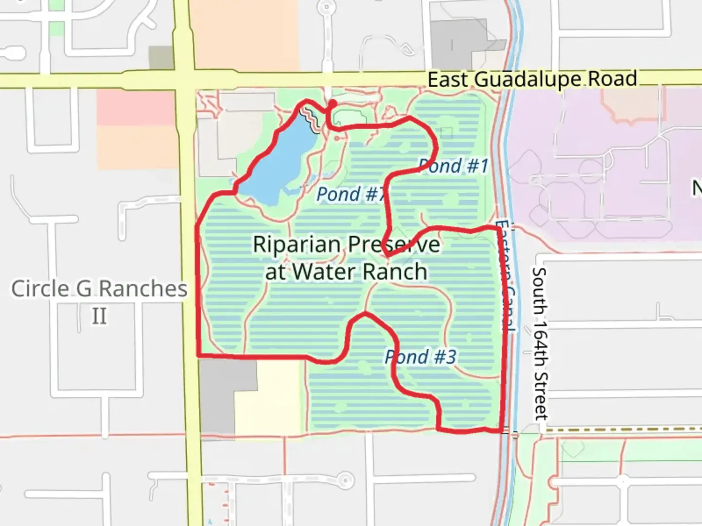An image depicting the trail Water Ranch Lake and Honey Bee Point Campsite Loop via Whispering Wind and its surrounding area.