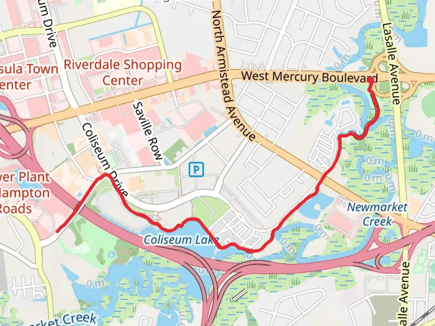 An image depicting the trail Coliseum Lake and Waterwalk Central Park and its surrounding area.