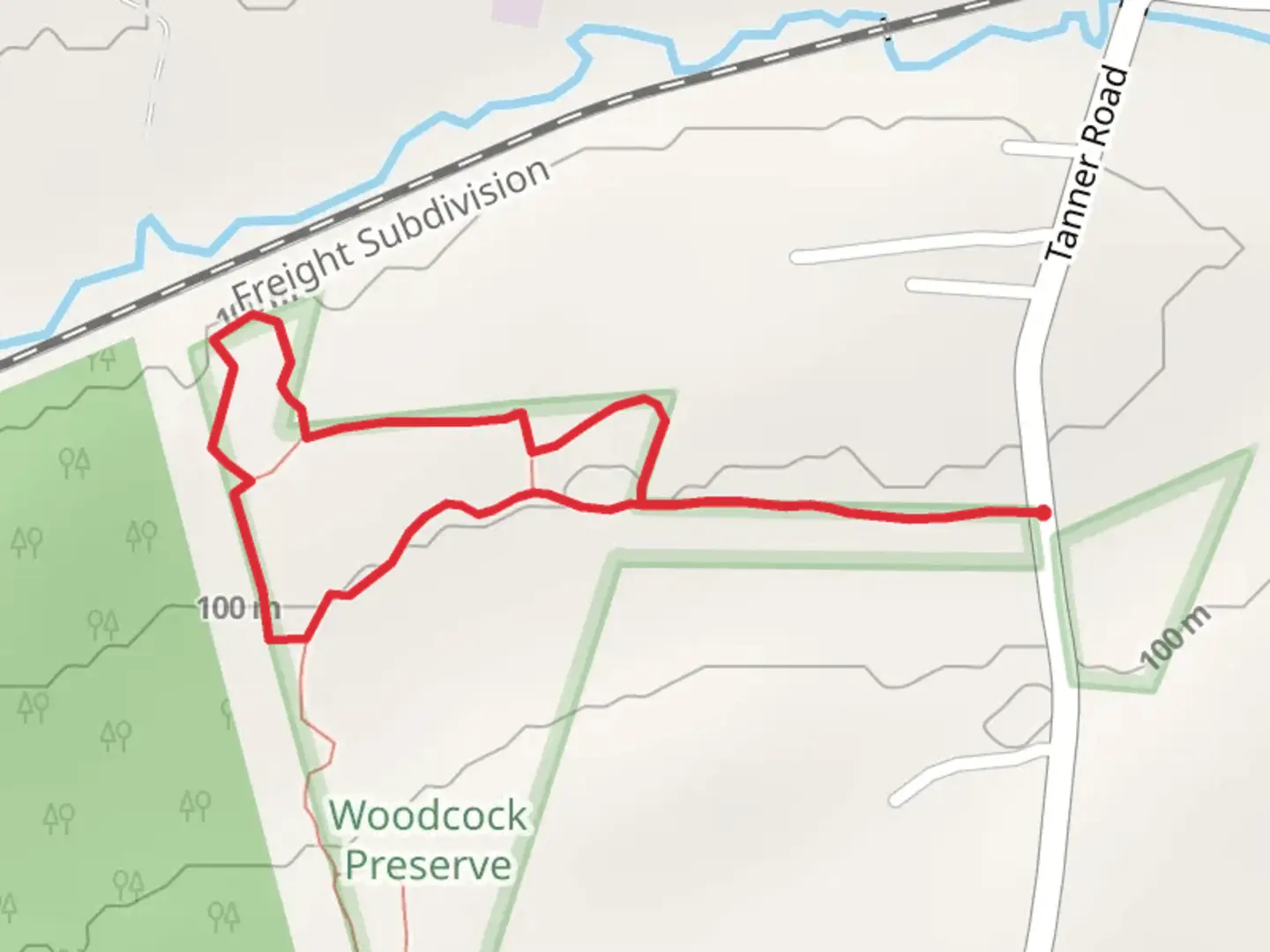 An image depicting the trail Woodcock Preserve Loop and its surrounding area.