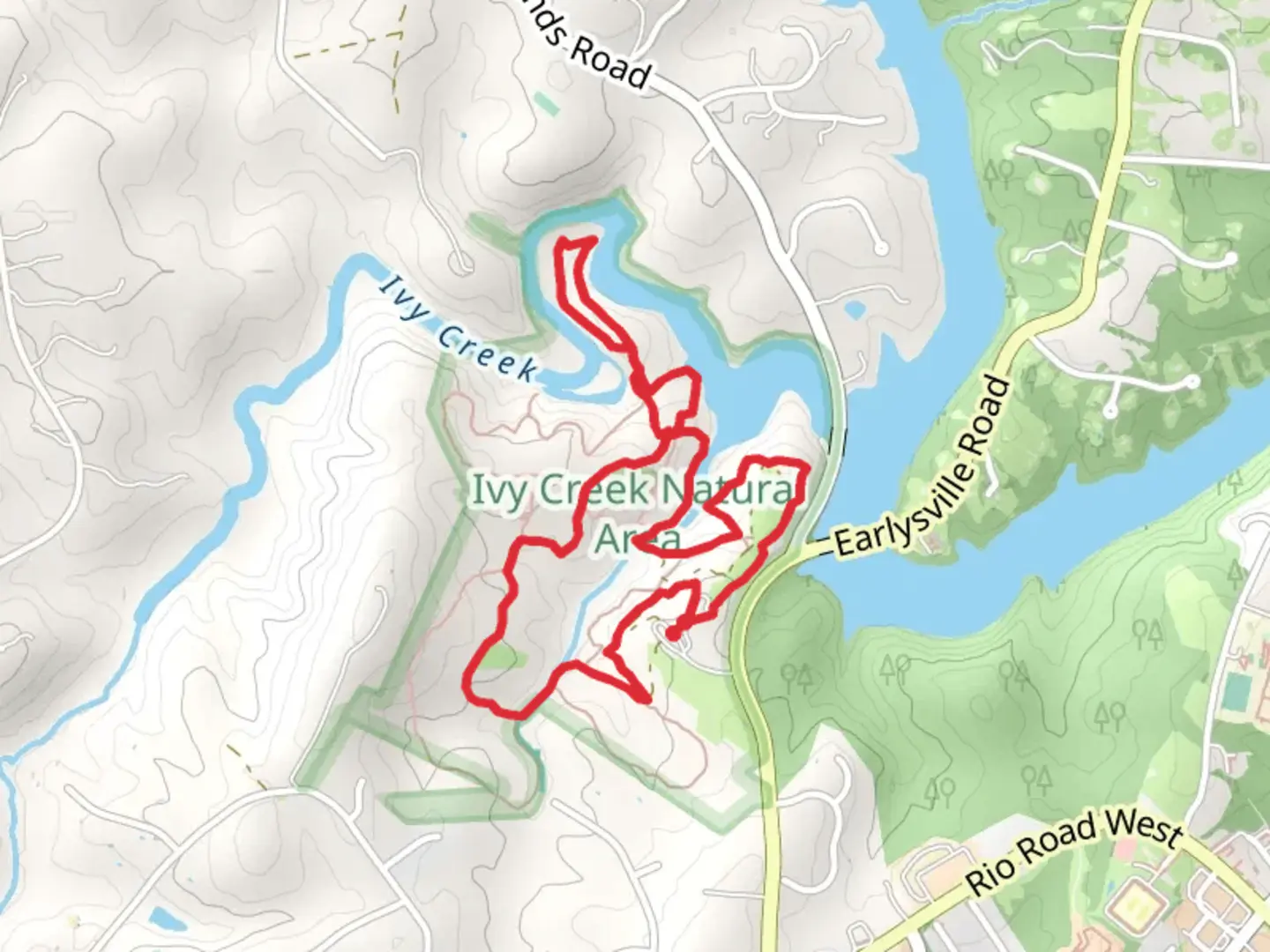 An image depicting the trail Red Trail, Brown Trail and Peninsula Trail Loop and its surrounding area.