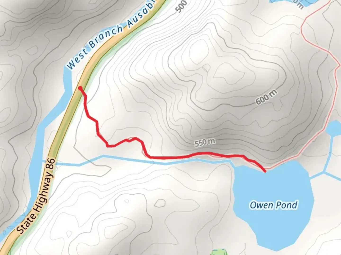 An image depicting the trail Owen Pond from State Highway 86 Out and Back and its surrounding area.
