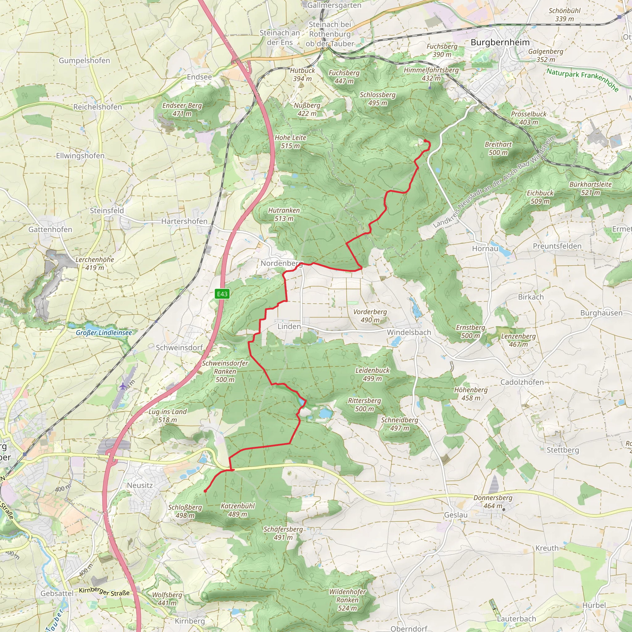 Burgbernheim to Neusitz via Europaelscher Wasserscheideweg mobile static map