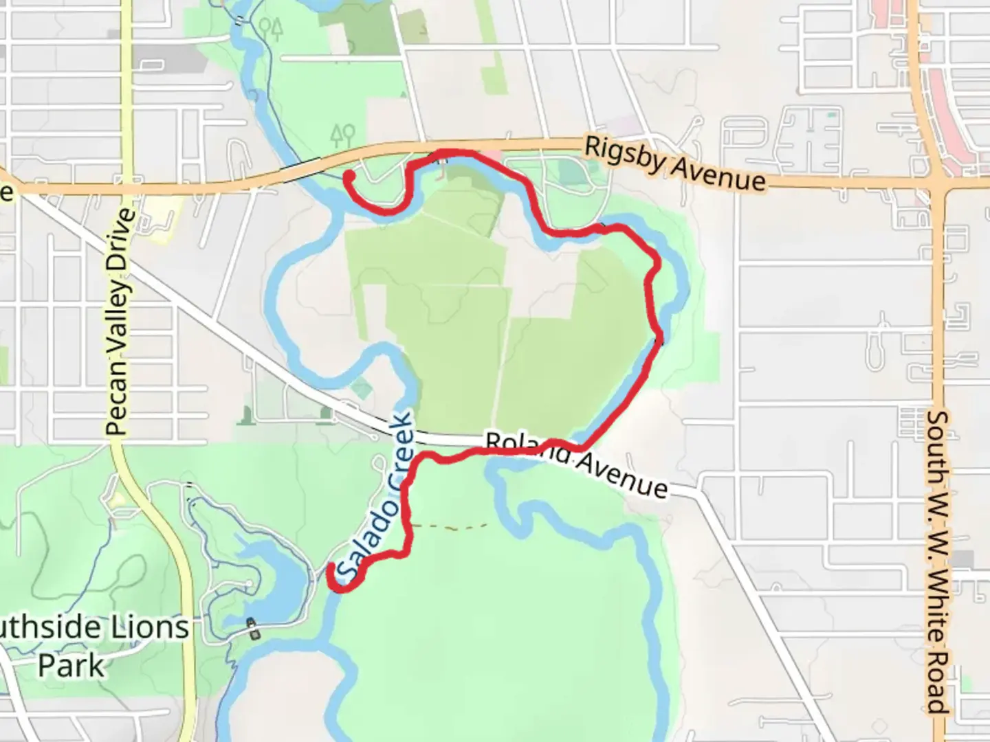 An image depicting the trail Lions Park Lake via Salado Creek Greenway Trail and its surrounding area.